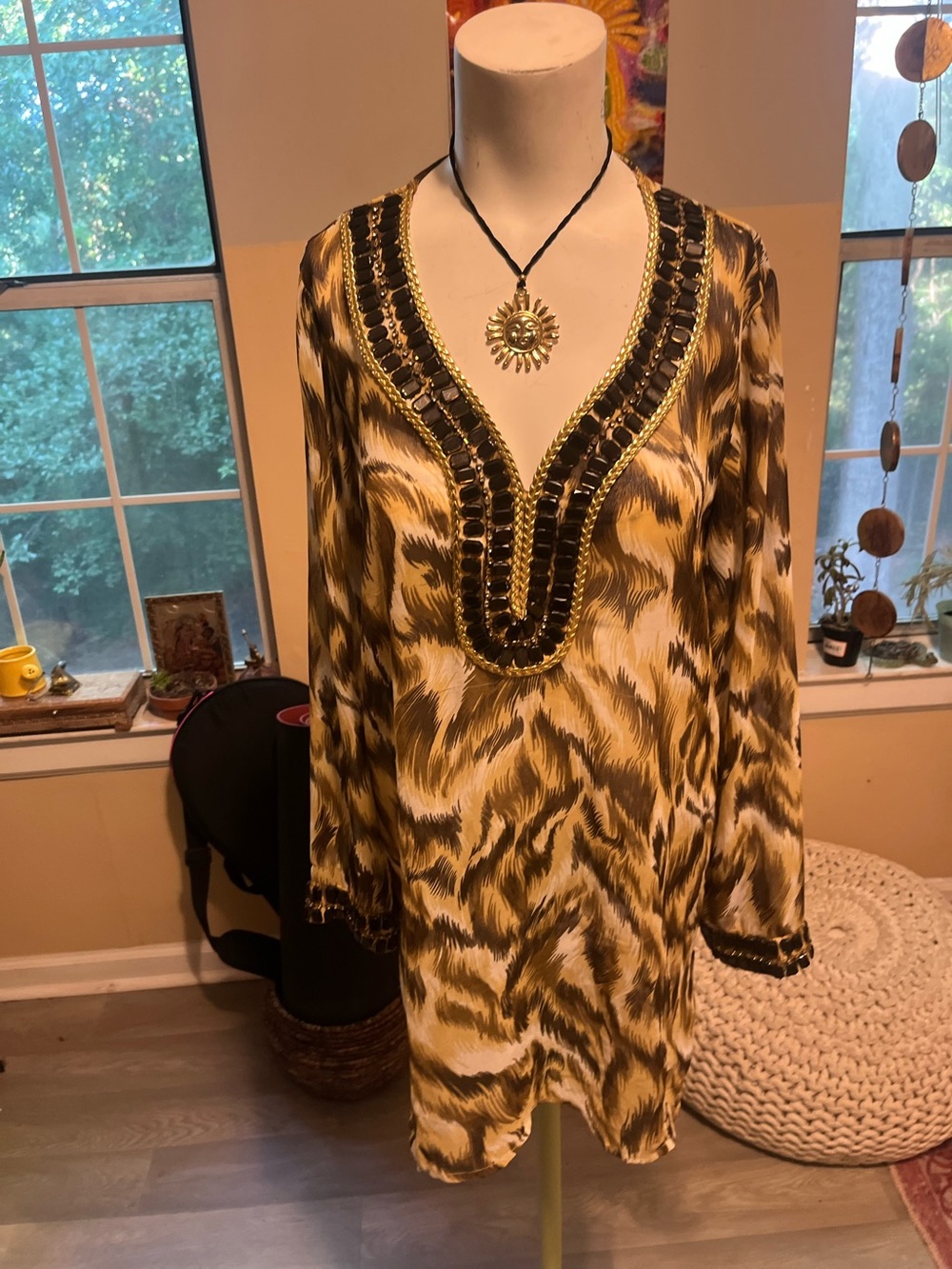Bohemian Beaded V-Neck Women's Tunic Dress in Olive and Cream